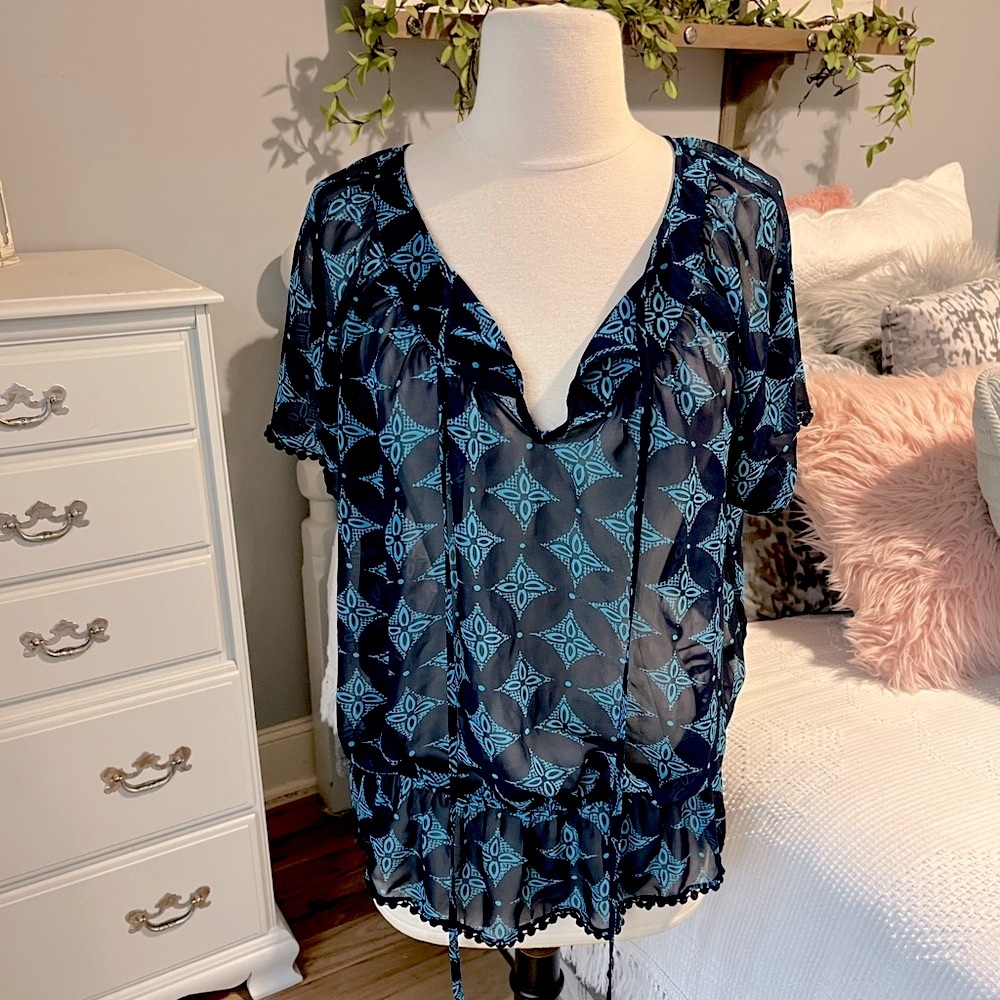 Blue Blousy Top Loose Womens Medium Semi Sheer